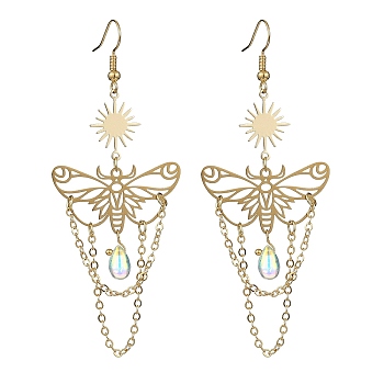 201 Stainless Steel Butterfly Dangle Earrings, with Glass Teardrop Charm, Brass Jewelry for Women, Sun, Golden, 80x32mm