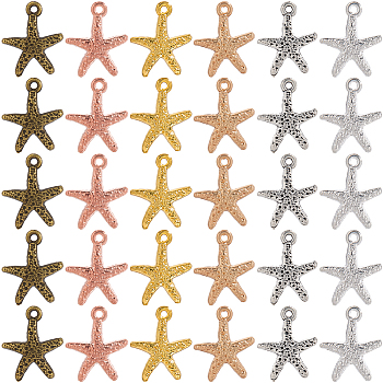 120Pcs 6 Colors Tibetan Style Alloy Pendants, Starfish Charms, Mixed Color, 16x13.5x2mm, Hole: 1.4mm, 20pcs/color