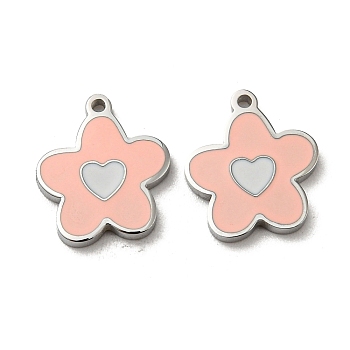 304 Stainless Steel Enamel Charms, Flower with Heart Charms, Pink, Stainless Steel Color, 12x10x1.5mm, Hole: 1mm