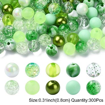 300Pcs 10 Styles Mixed Styles Acrylic Beads, Round, Lime Green, 8x7~7.5mm, Hole: 1.8~2mm, 30pcs/style