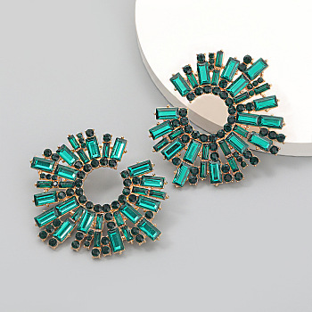 Shiny Rhinestone Irregular Statement Stud Earrings, Sun Shape Alloy Earrings for Women, Emerald, 58x68mm