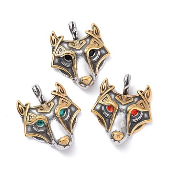 Tibetan Style Ion Plating(IP)304 Stainless Steel Pendants, with Rhinestone, Dog's Head Charms, Antique Silver & Golden, Mixed Color, 47.5x39x6mm, Hole: 6.5x9.5mm