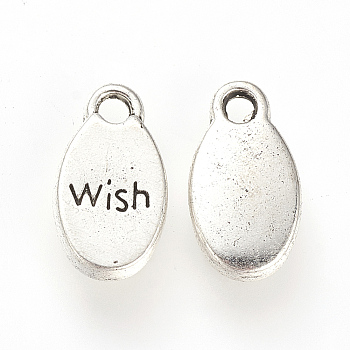Tibetan Style Alloy Pendants,  Oval with Word Wish, Cadmium Free & Lead Free, Antique Silver, 15.5x8.5x3mm, Hole: 2mm, about 513pcs/871g