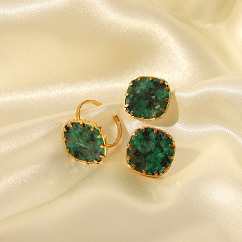 Rhombus Synthetic Turquoise Finger Rings & Earrings Sets, Stainless Steel Cuff Rings & Stud Earrings Sets, Golden