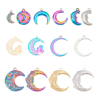 PandaHall Elite 28pcs 14 style Stainless Steel Pendant, Moon, Mixed Color, 12~30x8.5~26.5x0.3~3.5mm, Hole: 1.2~2mm, 2pcs/style