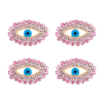 Polyester Embroidery Clothing Patches, Glass Rhinestone Applique, with Felt Base & Brass Finding, Evil Eye, Pink, 33x55x6mm
