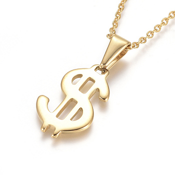 304 Stainless Steel Pendant Necklaces, with Cable Chains and Lobster Claw Clasps, Dollar Sign, Golden, 17.6 inch(44.8cm), 1.5mm