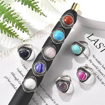 Natural & Synthetic Gemstone Adjustable Rings, Antique Silver Tone Brass Finger Rings, Rhombus, 22mm, Inner Diameter: 18mm