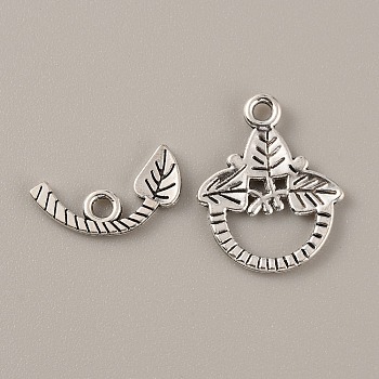 Tibetan Style Alloy Toggle Clasps, Leaf, Antique Silver, Pendant: 8x16x1.5mm, Hole: 1.8mm, Bar: 19.5x15.5x1.5mm, Hole: 1.8mm