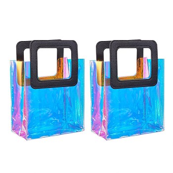 PVC Laser Transparent Bag, Tote Bag, with PU Leather Handles, for Gift or Present Packaging, Rectangle, Black, 25.5x18cm, 2pcs/set