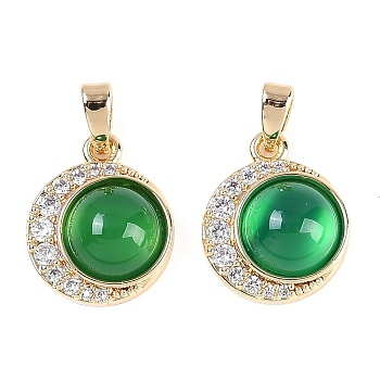 Natural Green Onyx Agate(Dyed & Heated) Pendants, Brass Micro Pave Clear Cubic Zirconia Flat Round Charms, Real 18K Gold Plated, 15x12.5x6mm, Hole: 4.5x2.5mm