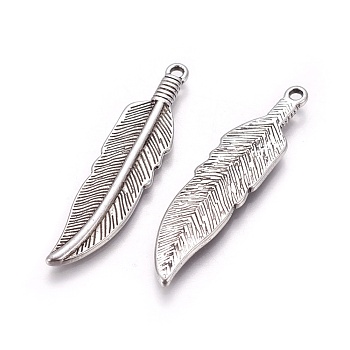 Tibetan Style Alloy Charms, Lead Free & Cadmium Free, Feather, Antique Silver, 42x10x2mm, Hole: 2mm
