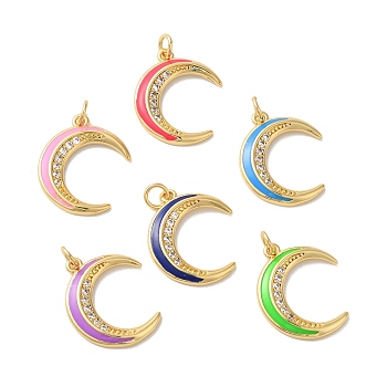Moon Rack Plating Brass Micro Pave Cubic Zirconia Enamel Pendants, with Jump Rings, Cadmium Free & Lead Free, Long-Lasting Plated, Real 18K Gold Plated, Mixed Color, 20.5x17.5x2mm, Hole: 3.5mm