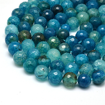Natural Crackle Agate Bead Strands, Round, Grade A, Faceted, Dyed, Cyan, 10mm, Hole: 1mm, about 37pcs/strand, 15 inch