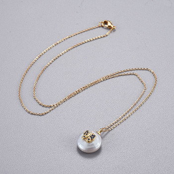 Brass Pendants Necklaces, with 304 Stainless Steel Findings, Cubic Zirconia and Natural Pearl, Nuggets with Butterfly, Real 18K Gold Plated & Golden, 16.45 inch(41.8cm), Pendant: 16.9x13.5x8mm