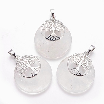 Natural Quartz Crystal Pendants, Rock Crystal Pendants, with Platinum Tone Brass Findings, Flat Round with Tree of Life, 32.5~33x27.5~28x5~6mm, Hole: 5x7mm