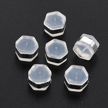 Silicone Ear Nuts, Earring Backs, with Brass Findings, Hexagon, Cadmium Free & Nickel Free & Lead Free, Silver, 6x7x4.5mm, Hole: 0.7mm