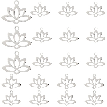201 Stainless Steel Charms, Laser Cut, Hollow, Lotus, Stainless Steel Color, 14x18.5x1mm, Hole: 1.6mm, 20pcs/box