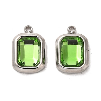 304 Stainless Steel Pendants, with Glass, Rectangle Charms, Green, 13.5x9x4mm, Hole: 1.4mm