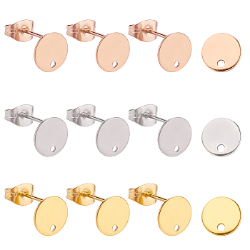 PVD Vacuum Plating 304 Stainless Steel Stud Earring Findings, with Flat Plate, Flat Round, Mixed Color, 12mm, 8x1mm, pin: 0.8mm, 3 colors, 16pcs/color, 48pcs/box