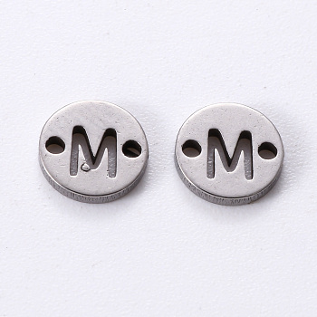 201 Stainless Steel Links, Laser Cut, Flat Round with Letter, Letter.M, 6x6x1mm, Hole: 0.8mm