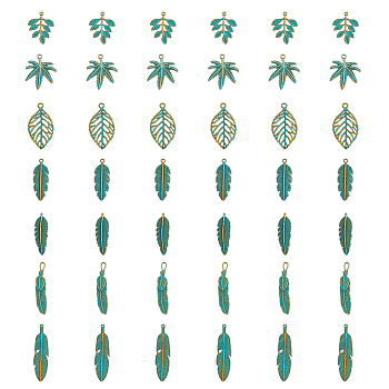 Zinc Alloy Leaf Pendants, Cadmium Free & Lead Free, Mixed Shape, Antique Bronze & Green Patina, 36~60x11~32x1~3.5mm, Hole: 2~4mm, 6pcs/style