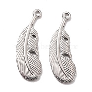 304 Stainless Steel Pendants, Feather, Stainless Steel Color, 22x7.5x1.5mm, Hole: 1mm(STAS-B024-46P-01)