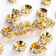 Brass Rhinestone Spacer Beads, Grade A, Rondelle, Golden Metal Color, Crystal, 7x3.3mm, Hole: 3.5mm(RB-A020-7mm-01G)