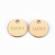 Rack Plating Alloy Charms, Cadmium Free & Lead Free, Flat Round with Word Luck, Light Gold, 11x1mm, Hole: 2mm(PALLOY-N155-87-RS)