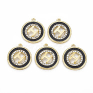 Plastic Pendants, with Light Gold Plated Alloy Findings, with Crystal Rhinestone and Plastic, Cadmium Free & Nickel Free & Lead Free, Flat Round with H, Black, 18.5x16x2.5mm, Hole: 1.4mm(PALLOY-N154-22-NR)