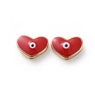 Golden Tone Brass Beads, with Enamel, Heart with Evil Eye, Red, 11x15x4.5mm, Hole: 1.6mm(ENAM-L025-B-07)