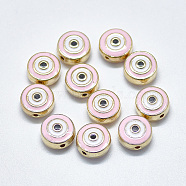 Alloy Enamel Beads, Flat Round with Eye, Light Gold, Pink, 10x5mm, Hole: 1.2mm(X-ENAM-S117-07A)