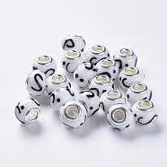Handmade Lampwork European Beads, Large Hole Beads, with Silver Color Plated Brass Double Cores, Rondelle, White, 14x11mm, Hole: 5mm(LAMP-S193-008B)