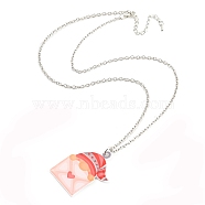 Valentine's Day Acrylic Pendant Necklace with Zinc Alloy Chains, Gnome with Heart, Salmon, 22.24 inch(56.5cm), Pendant: 46.5x36mm(NJEW-D049-01A-P)