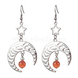 Antique Silver Alloy Star & Moon Dangle Earrings, with Glass Beads, Dark Salmon, 70.5x32.5mm(EJEW-JE05637-01)