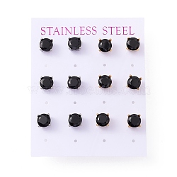 6 Pairs Cubic Zirconia Flat Round Stud Earrings, 304 Stainless Steel Jewelry for Women, Mixed Color, Black, 7mm, Pin: 0.7mm(EJEW-G291-04A-M)