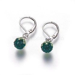 304 Stainless Steel Leverback Dangle Earrings, with Polymer Clay Rhinestone Beads, Round, Stainless Steel Color, Emerald, 29mm, Pin: 0.7x1mm(EJEW-O089-15P-A)