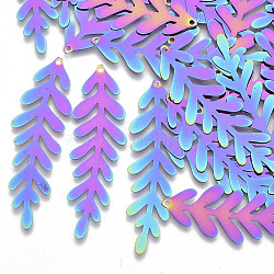 Ion Plating(IP) 201 Stainless Steel Filigree Big Pendants, Etched Metal Embellishments, Leaf, Rainbow Color, 51x15.5x0.3mm, Hole: 1.2mm(STAS-R102-24)