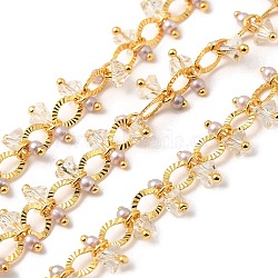 Handmade Brass Link Chain, with Glass Beads and ABS Beads, Soldered, with Spool, Real 18K Gold Plated, 4.5x3.5x0.2mm and 2x2x0.2mm and 7x3.5x3.5mm, about 16.40 Feet(5m)/Roll(CHC-E028-01G)