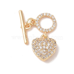 Brass Micro Pave Cubic Zirconia Toggle Clasps, Heart, Golden, Clear, 22mm(KK-B100-066G-01)