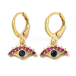 Real 18K Gold Plated Brass Dangle Leverback Earrings, with Glass, Evil Eye, Dark Violet, 21.5x13mm(EJEW-A033-09G-01)