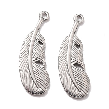 304 Stainless Steel Pendants, Feather, Stainless Steel Color, 22x7.5x1.5mm, Hole: 1mm