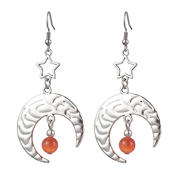 Antique Silver Alloy Star & Moon Dangle Earrings, with Glass Beads, Dark Salmon, 70.5x32.5mm