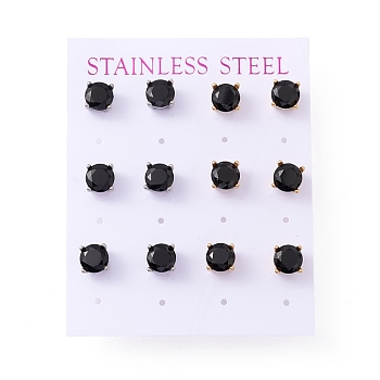 6 Pairs Cubic Zirconia Flat Round Stud Earrings, 304 Stainless Steel Jewelry for Women, Mixed Color, Black, 7mm, Pin: 0.7mm