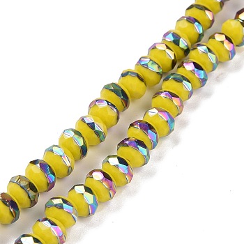 Handmade Porcelain Beads Strands, Facted, Rondelle, Half Plated, Yellow, 8x6.5mm, Hole: 1.4mm, about 66pcs/strand, 16.77 inch(42.6cm)