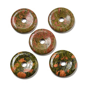 Natural Unakite Pendants, Donut/Pi Disc Charms, 50x6.5~7.5mm, Hole: 10mm
