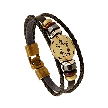 Braided Cowhide Cord Multi-Strand Bracelets, Constellation Bracelet for Men, with Wood Bead & Alloy Clasp, Libra, 7-7/8~8-1/2 inch(20~21.5cm) 