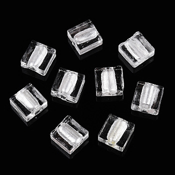 Handmade Silver Foil Lampwork Beads, Square, White, 12x12x6mm
