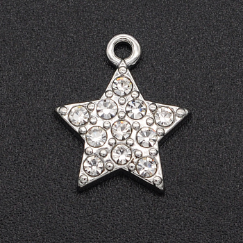 Alloy Rhinestone Charms, Five Pointed Star, Platinum, Crystal, 14x12x2mm, Hole: 1.4mm