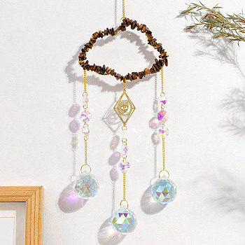 Natural Tiger Eye Copper Wire Wrapped Cloud Hanging Ornaments, Teardrop Glass Tassel Suncatchers for Home Outdoor Decoration, 420mm